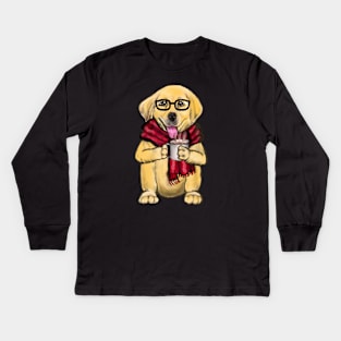 Dog wearing glasses and red scarf having a hot coffee tea drink cute Golden Labrador retriever puppy dog Kids Long Sleeve T-Shirt